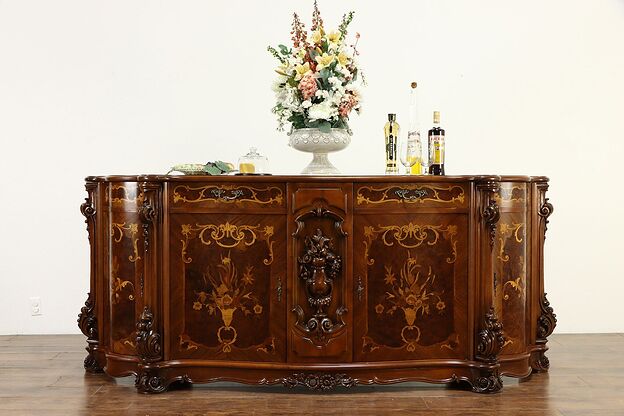 Italian Vintage 8' Sideboard Server, Buffet, Bar Cabinet Inlaid Marquetry #36134 photo