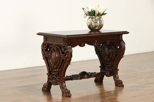 Walnut Antique End Table or Bench, Carved Lion Paws #36138 photo
