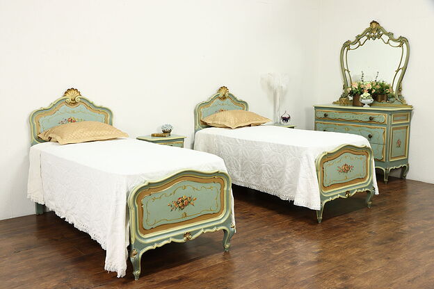Hand Painted Antique Italian 5 Pc Bedroom Set, Twin Beds #36140 photo