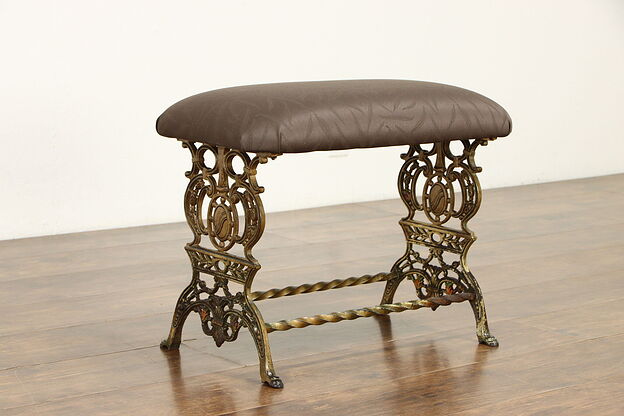 Iron Base Hand Painted Antique Bench, New Upholstery #36317 photo