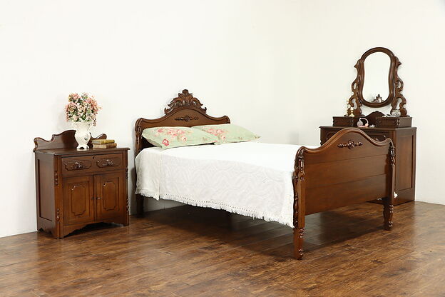 Victorian Antique Walnut 3 Pc Bedroom Set, Full Size Bed, Carved Pulls #36670 photo