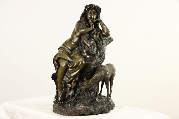 Bronze Vintage Sculpture of Young Woman with Flowers and Fawn #36674 photo