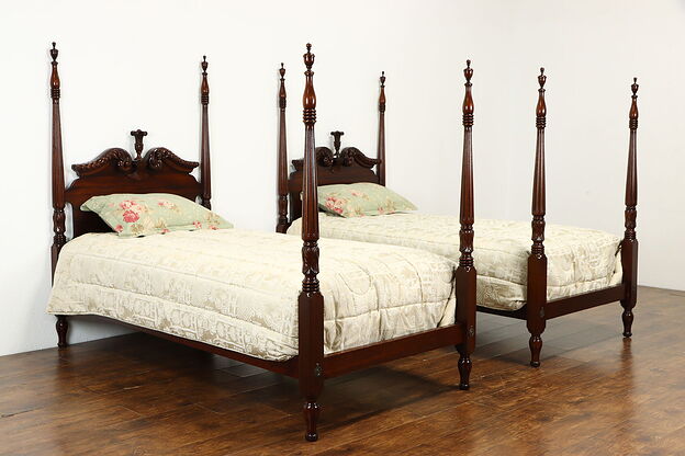 Pair of Georgian Style Poster Carved Mahogany Twin Beds, Charak 1931 #33678 photo