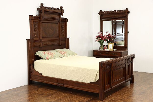 Victorian Eastlake Antique Walnut 2 Pc Bedroom Set Queen Size Bed, Marble #33947 photo