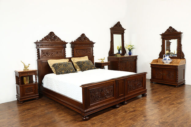 Renaissance Carved Antique Italian Bedroom Set King Size Bed, Marble Tops #36015 photo