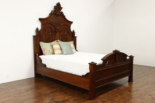 Victorian Antique Carved Walnut & Grained Burl Queen Size Bed #36114 photo