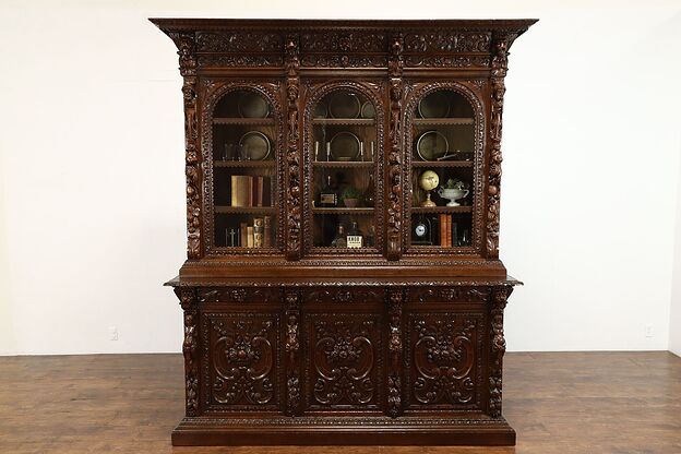 Black Forest Antique Carved Oak Office or Library Bookcase, China Cabinet #38024 photo