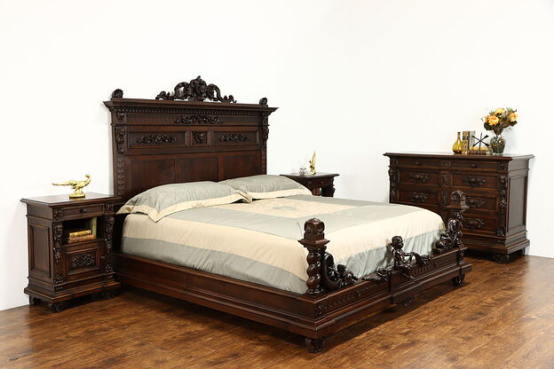 Renaissance Antique Italian Bedroom Set, King Bed, Dresser, Nightstands #36025 photo