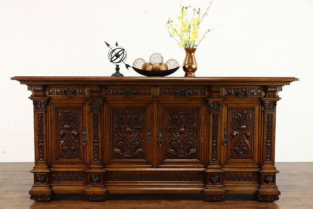 Renaissance Carved Italian Antique 8' Back Bar, Sideboard, TV Console #37143 photo