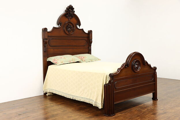 Victorian Antique Walnut Full of Double Size Bed, Hand Carved Fruit #37497 photo