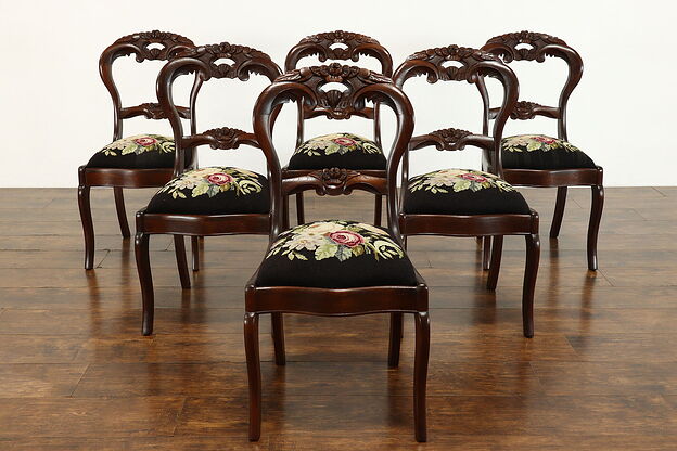Set of 6 Antique Victorian Design Carved Walnut Dining Chairs Needlepoint #34909 photo