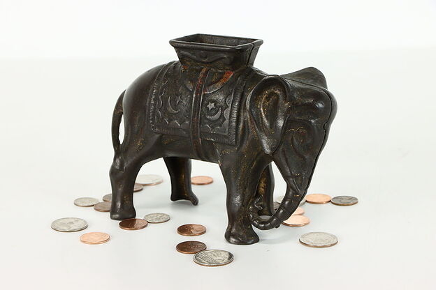 Industrial Farmhouse Cast Iron Antique India Elephant Coin Bank #38945 photo