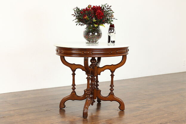 Victorian Antique Carved Walnut Oval Marble Top Hall, Lamp, Parlor Table #34100 photo
