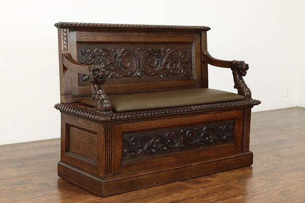 Black Forest Antique Oak Hall Bench, Carved Lions, Leather Seat, Storage #37706 photo