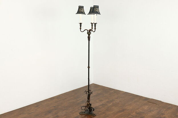 Wrought Iron & Bronze Antique 3 Candle Floor Lamp, Shades #39987 photo
