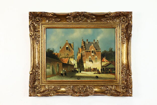 Dutch Village Street Scene Vintage Original Oil Painting, 23" #39713 photo
