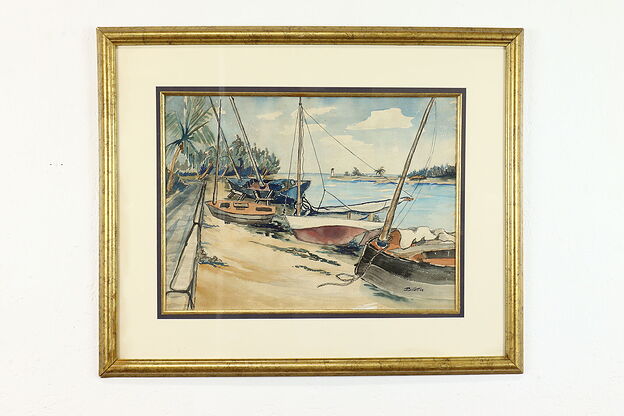 Sailboats on Beach Vintage Original Watercolor Painting '55 Billett 28.5" #40164 photo