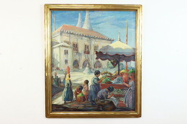 Palace & Portuguese Market Scene Antique Oil Painting, Williams 40" #39837 photo