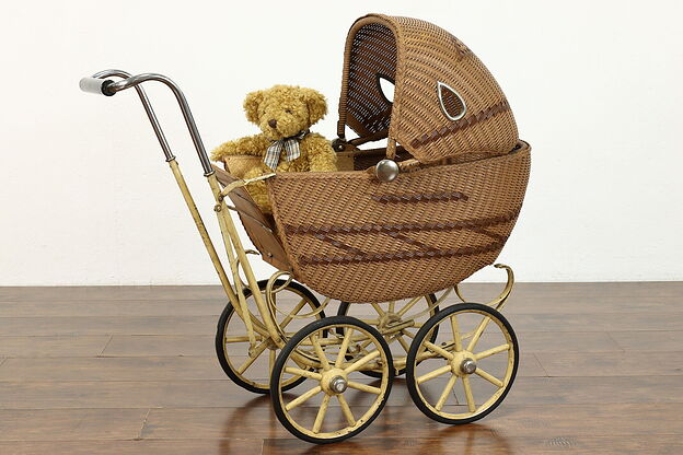 Art Deco Antique Wicker & Metal Baby Carriage or Stroller #40150 photo