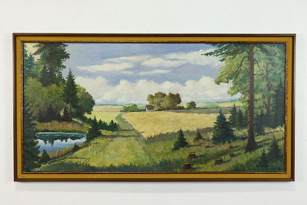 Farm Landscape with House Vintage Original Oil Painting, Signed 51.5" #39885 photo