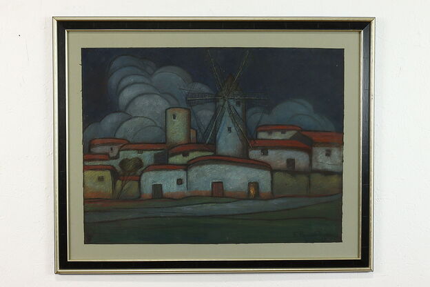 Palma Majorca Windmill Vintage Original Pastel on Paper, Ayllon 38.5" #40056 photo