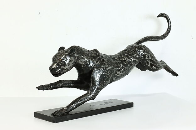 Burnished Steel Vintage Sculpture of Cheetah in Motion Statue #40185 photo