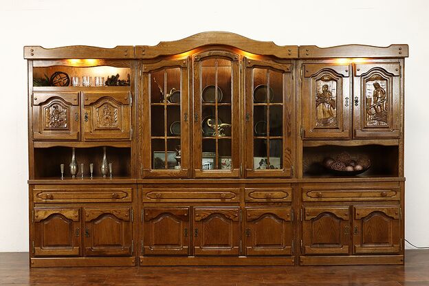 Oak 11' Vintage German Wall Unit, Cabinet, Bar & Bookcase, Carved Scenes #40277 photo