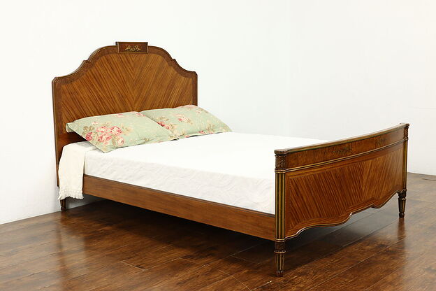 French Style Vintage Burl & Satinwood Full Size Bed, Cherub Painting #39983 photo