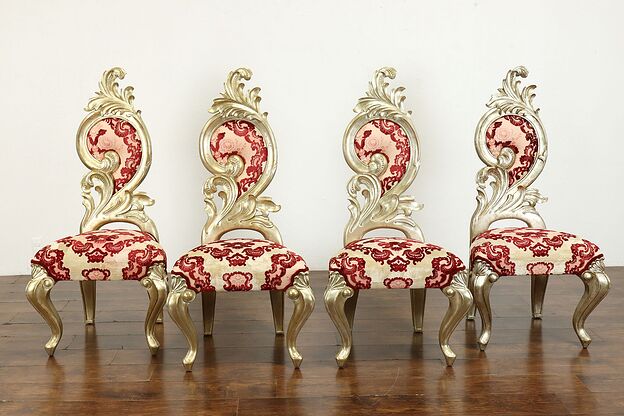 Set of 4 Vintage Hollywood Regency Silver Gilt Dining or Game Chairs #40275 photo