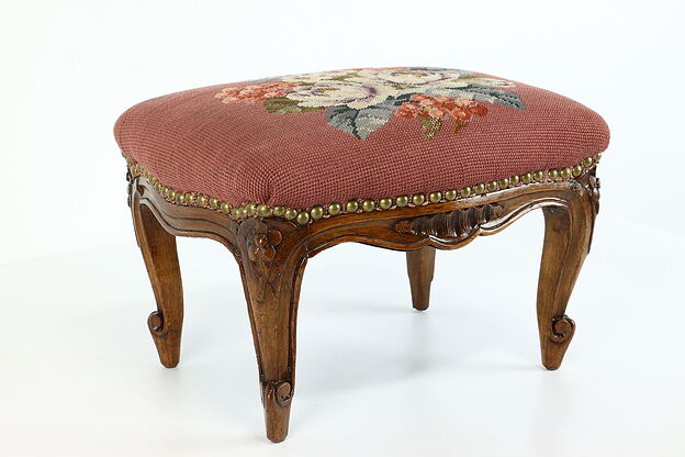 Country French Carved Antique Footstool, Needlepoint Upholstery #39965 photo
