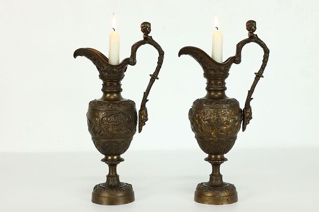 Pair of Renaissance Antique Pitchers or Ewers with Cherubs, Candle Holders#40238 photo
