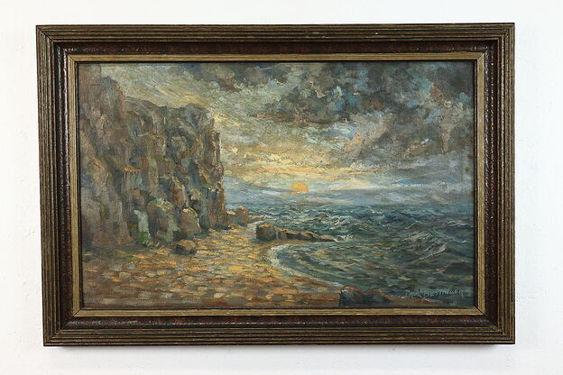 Sunset on a Beach & Cliffs Antique Original Oil Painting, Bettinger 37.5" #39883 photo