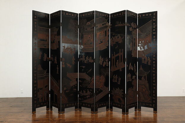Traditional Chinese Vintage 8 Panel 10' 8" Coromandel Lacquer Screen #40108 photo