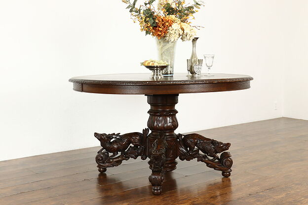 Black Forest Antique Oak Dining, Hall or Breakfast Table, Game Sculptures #38732 photo