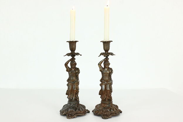 Pair of Antique Classical Sculpture Figure Spelter Metal Candlesticks #39966 photo