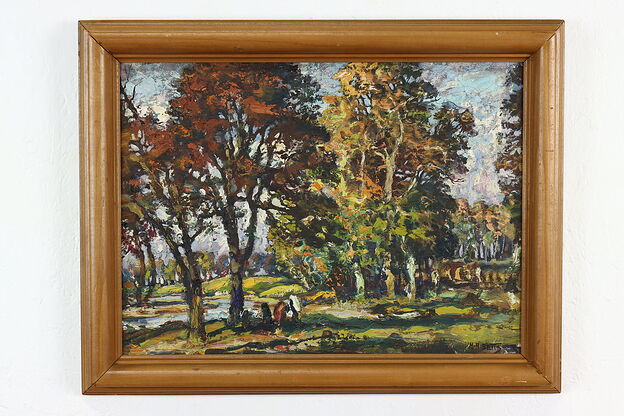 Fall & Stream Landscape Original Vintage Oil Painting, H. H. Betts 23" #39767 photo