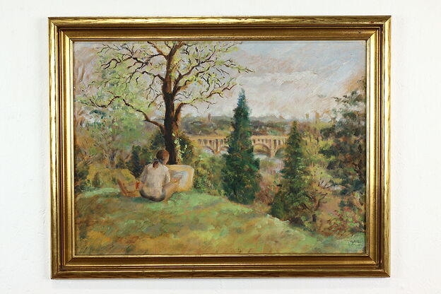 Girl Painting a Landscape Vintage Original Oil Painting Signed 28" #39613 photo