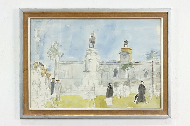 Spanish Cathedral Plaza Scene Vintage Original Watercolor Painting 23"  #38915 photo