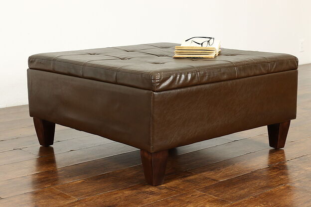 Traditional Vintage Large Tufted Brown Ottoman, Stool or Bench & Storage #40180 photo