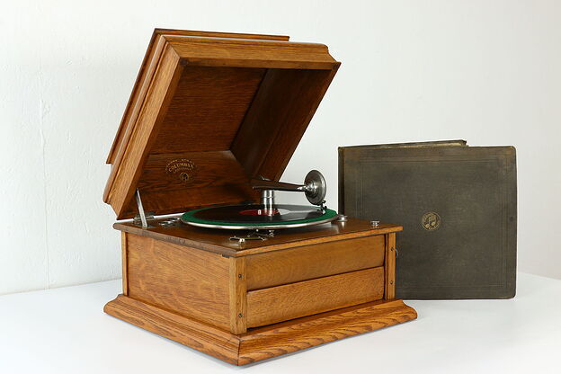 Columbia Grafonola Antique Oak Table Top Phonograph & Records #40046 photo