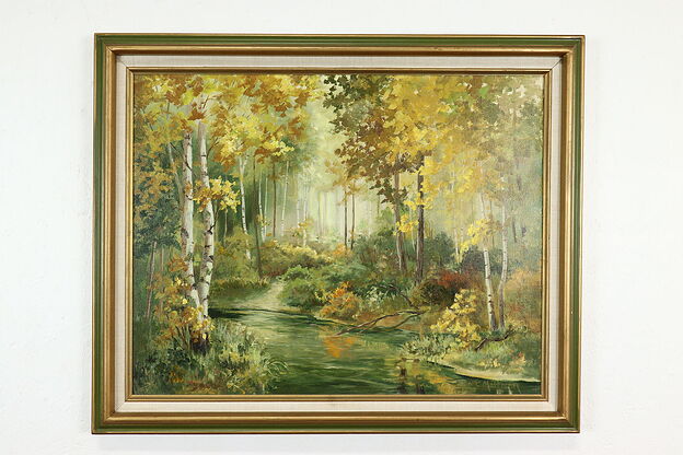 Autumn Birch Forest Scene Vintage Original Oil Painting, Mattson 33" #39886 photo