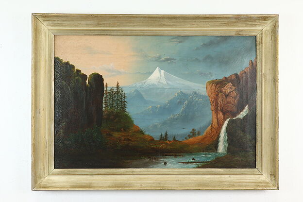 Snow Capped Mountain and Lake Antique Original Oil Painting, Barlow 42.5" #40191 photo