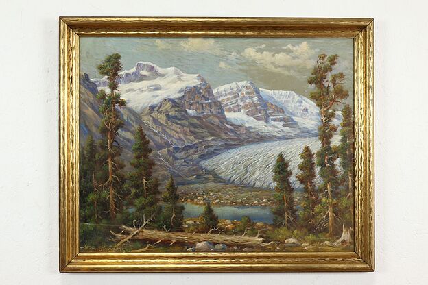 Mountain Landscape with Glaciers Vintage Original Oil Painting, Roth 32" #39743 photo