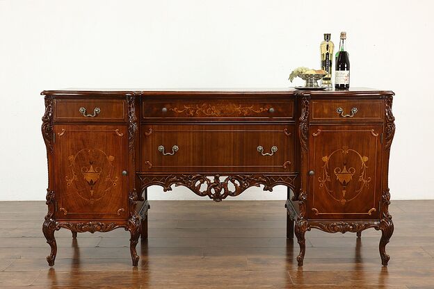 French Style Vintage Carved Walnut & Marquetry Sideboard, Server, Buffet #40373 photo