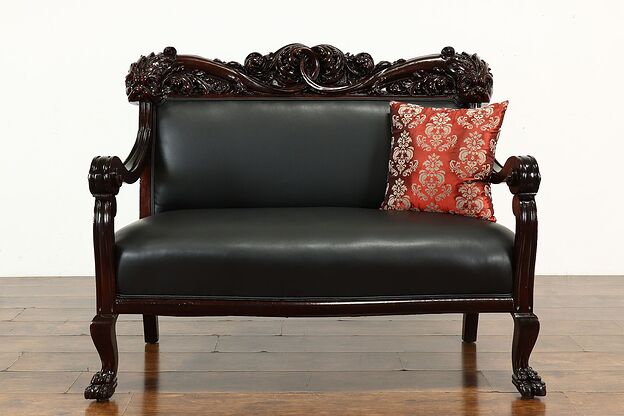 Art Nouveau Antique Mahogany Settee or Hall Bench, Carved Lions, Karpen #40529 photo