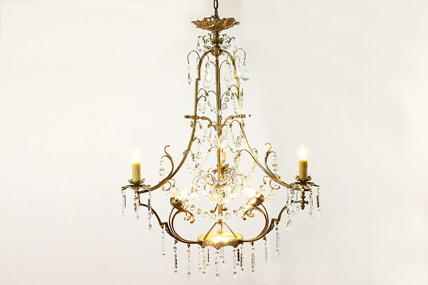 French Rococo Antique 5' Bronze Electrified Gas Chandelier Crystal Prisms #39858 photo