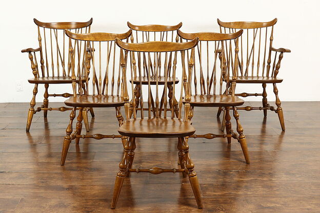Set of 6 Farmhouse Vintage Birch Windsor Dining Chairs, Nichols & Stone #37845 photo
