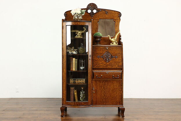 Victorian Antique Oak Side by Side Secretary Desk & Bookcase Curved Glass #40083 photo