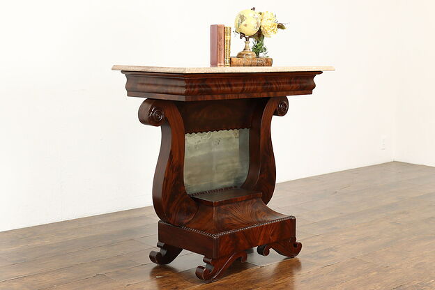 Empire Antique Mahogany Hall Console or Petticoat Table, Marble Top #39638 photo
