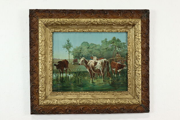 Victorian Period Antique Cows Grazing in River Print Original Frame 30.5" #39558 photo